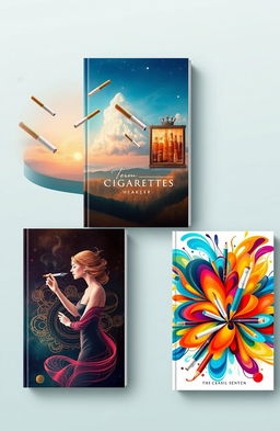 A series of euphoric book covers featuring stylish and artistic depictions of cigarettes, each cover displaying unique and vibrant color schemes