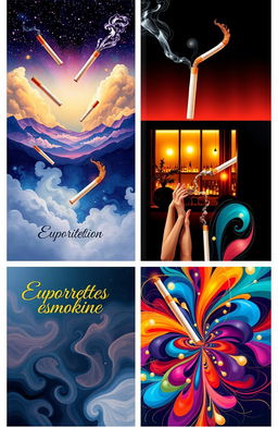 A series of euphoric book covers featuring stylish and artistic depictions of cigarettes, each cover displaying unique and vibrant color schemes