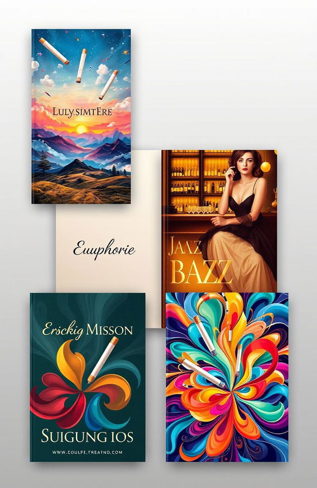 A series of euphoric book covers featuring stylish and artistic depictions of cigarettes, each cover displaying unique and vibrant color schemes