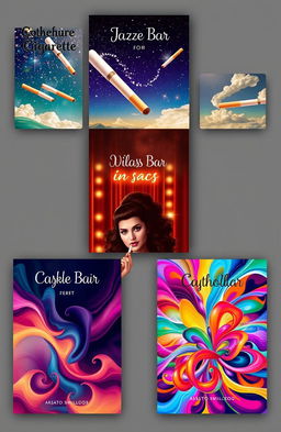 A series of euphoric book covers featuring stylish and artistic depictions of cigarettes, each cover displaying unique and vibrant color schemes