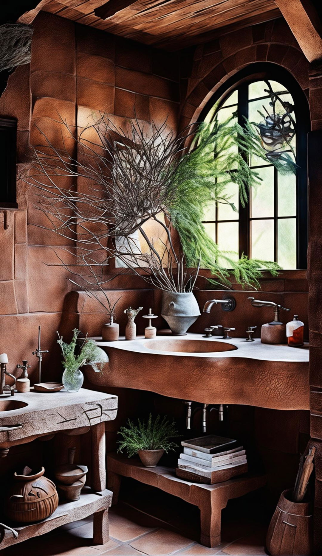 Photograph of an intensely witch-themed bathroom with terracotta-tiled wall, stone vanity, organic-shaped mirror, vase with green branches, an abundance of witch ornaments, soft lighting and architectural elevation