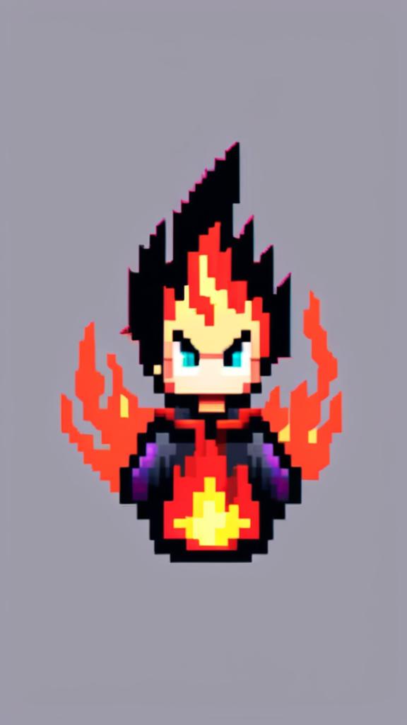 Pixel art profile picture featuring a vibrant flame against a stark black background.