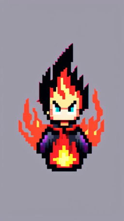 Pixel art profile picture featuring a vibrant flame against a stark black background.