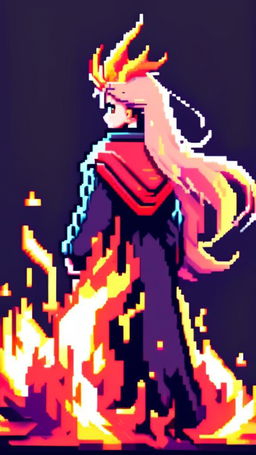 Pixel art profile picture featuring a vibrant flame against a stark black background.