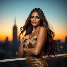 A beautiful, confident woman standing under soft, diffused lighting, wearing a glamorous outfit that highlights her figure