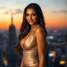 A beautiful, confident woman standing under soft, diffused lighting, wearing a glamorous outfit that highlights her figure
