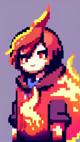 Pixel art profile picture featuring a vibrant flame against a stark black background.