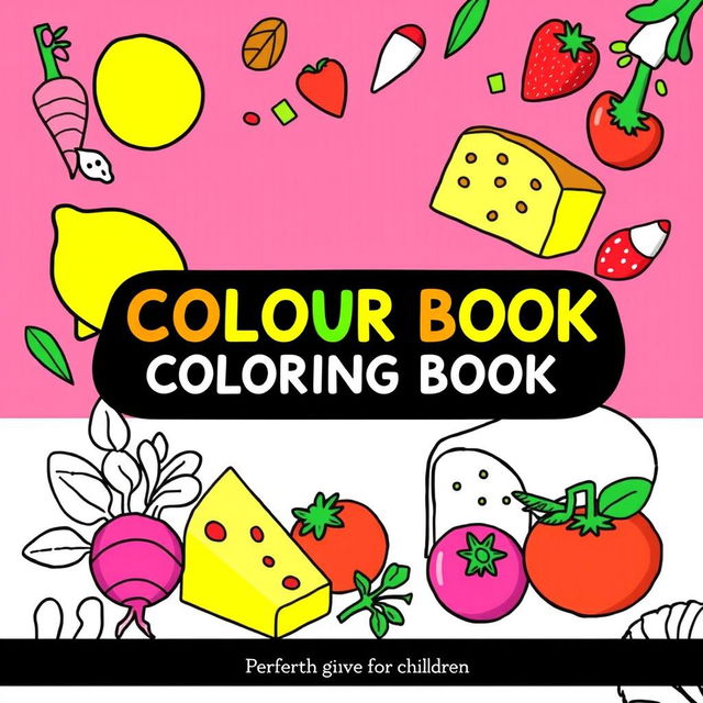 A vibrant and playful coloring book cover designed for children, featuring illustrations of colorful foods such as a bright yellow lemon, a wedge of cheese, a loaf of bread, red strawberries, a fresh radish, and ripe tomatoes