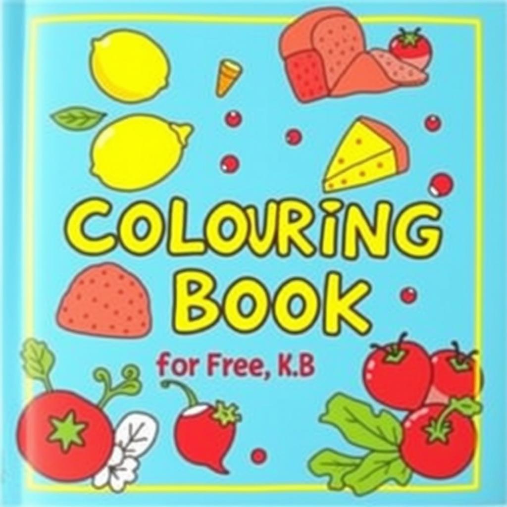 A vibrant and playful coloring book cover designed for children, featuring illustrations of colorful foods such as a bright yellow lemon, a wedge of cheese, a loaf of bread, red strawberries, a fresh radish, and ripe tomatoes