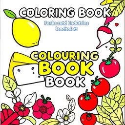 A vibrant and playful coloring book cover designed for children, featuring illustrations of colorful foods such as a bright yellow lemon, a wedge of cheese, a loaf of bread, red strawberries, a fresh radish, and ripe tomatoes