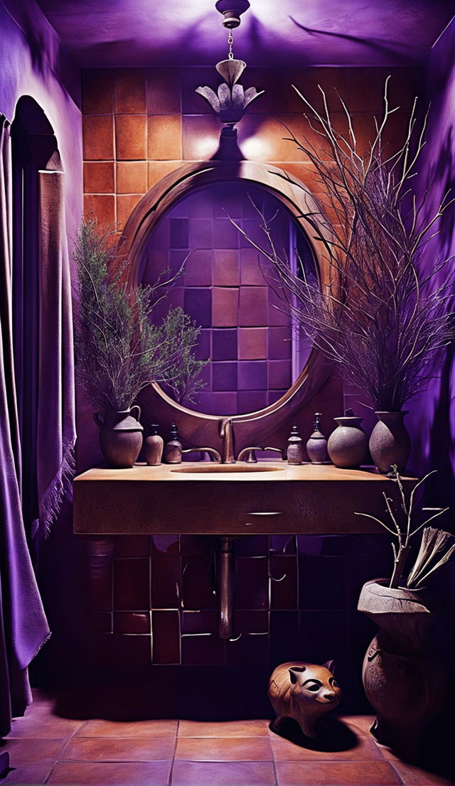 Photograph of a witch-themed bathroom with terracotta-tiled wall, stone vanity, organic-shaped mirror, vase with green branches, an abundance of witch ornaments, soft purple lighting and architectural elevation