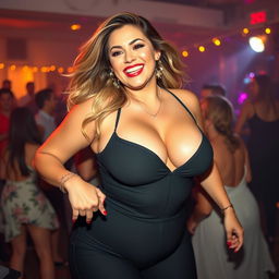 A playful adult woman with massive, gigantic breasts and deep cleavage, captured in motion as she playfully bounces, showcasing her enormous bust