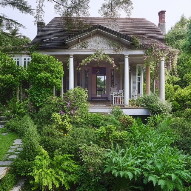 A large, two-story house with vintage charm, surrounded by a lush, beautiful garden.