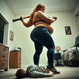 A very tall, chubby woman with long legs, small breasts, and a large, curvy backside, exuding an aura of strength and control