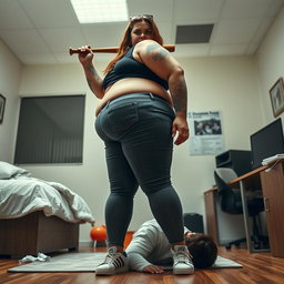 A very tall, chubby woman with long legs, small breasts, and a large, curvy backside, exuding an aura of strength and control