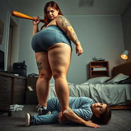 A very tall, chubby woman with long legs, small breasts, and a large, curvy backside, exuding an aura of strength and control