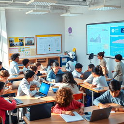 A modern classroom filled with students engaged with advanced technology, showcasing various forms of AI in education