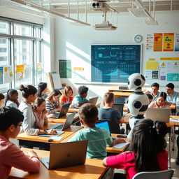 A modern classroom filled with students engaged with advanced technology, showcasing various forms of AI in education