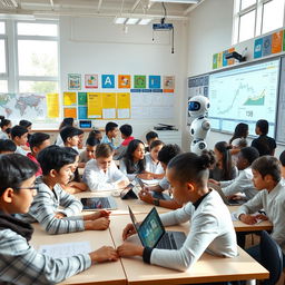 A modern classroom filled with students engaged with advanced technology, showcasing various forms of AI in education