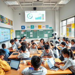 A modern classroom filled with students engaged with advanced technology, showcasing various forms of AI in education