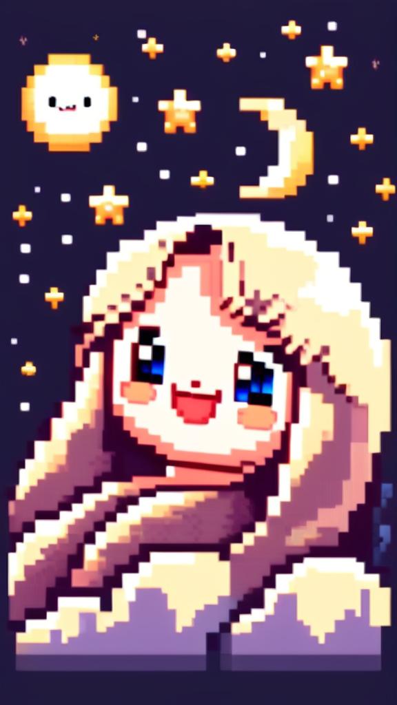 Pixel art profile picture featuring an adorable moon with twinkling eyes and a gentle smile against a star-studded night sky.