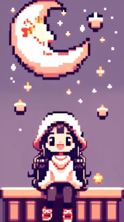 Pixel art profile picture featuring an adorable moon with twinkling eyes and a gentle smile against a star-studded night sky.