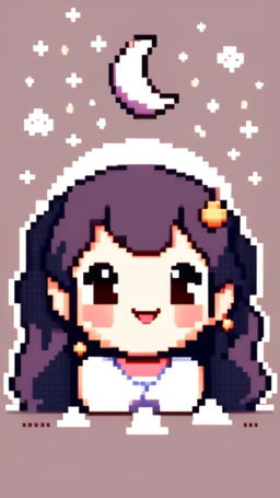 Pixel art profile picture featuring an adorable moon with twinkling eyes and a gentle smile against a star-studded night sky.