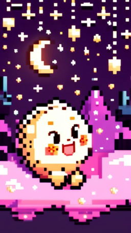 Pixel art profile picture featuring an adorable moon with twinkling eyes and a gentle smile against a star-studded night sky.