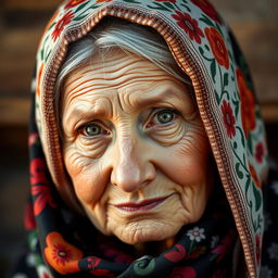 A highly detailed close-up portrait of a traditional Russian Babushka, showcasing her intricate headscarf wrapped around her head
