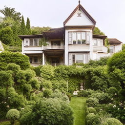 A large, two-story, old house with a beautiful garden