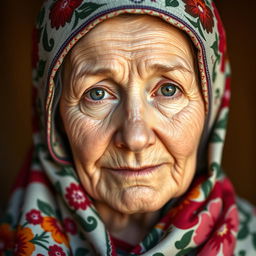 A highly detailed close-up portrait of a traditional Russian Babushka, showcasing her intricate headscarf wrapped around her head
