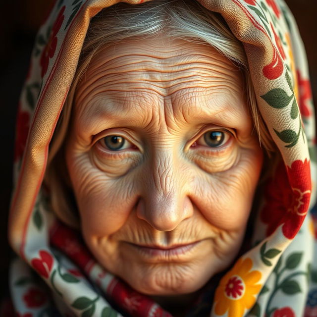 A highly detailed close-up portrait of a traditional Russian Babushka, showcasing her intricate headscarf wrapped around her head