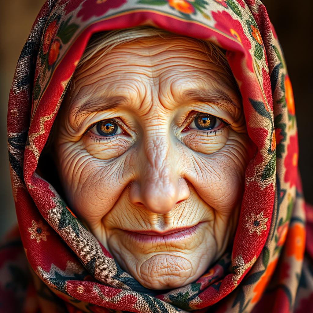 A highly detailed close-up portrait of a traditional Russian Babushka, showcasing her intricate headscarf wrapped around her head