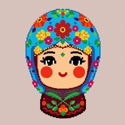 A colorful pixel art representation of a babushka doll's head, featuring intricate details such as floral patterns and bright colors