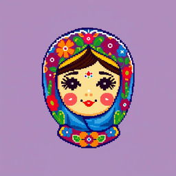 A colorful pixel art representation of a babushka doll's head, featuring intricate details such as floral patterns and bright colors