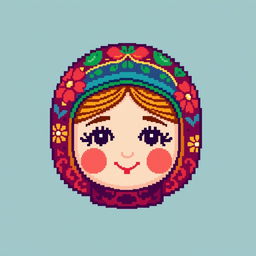 A colorful pixel art representation of a babushka doll's head, featuring intricate details such as floral patterns and bright colors