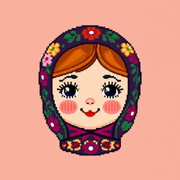 A colorful pixel art representation of a babushka doll's head, featuring intricate details such as floral patterns and bright colors