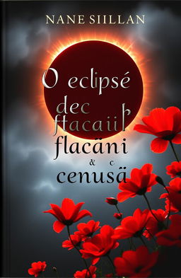 A fantasy-themed book cover featuring a dramatic eclipse with fiery red flowers blooming in the foreground