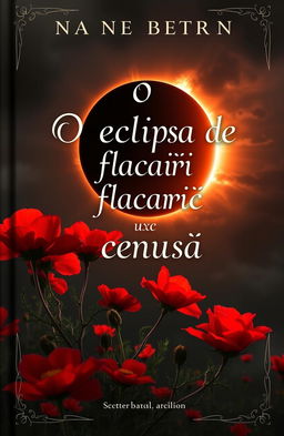 A fantasy-themed book cover featuring a dramatic eclipse with fiery red flowers blooming in the foreground
