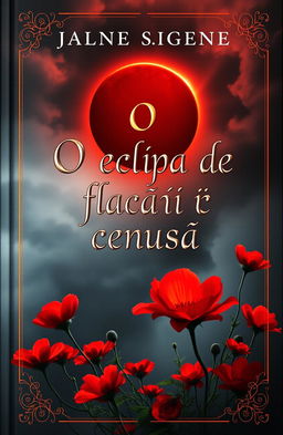 A fantasy-themed book cover featuring a dramatic eclipse with fiery red flowers blooming in the foreground