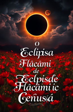 A mystical landscape during an eclipse, featuring vibrant red flowers scattered throughout the foreground