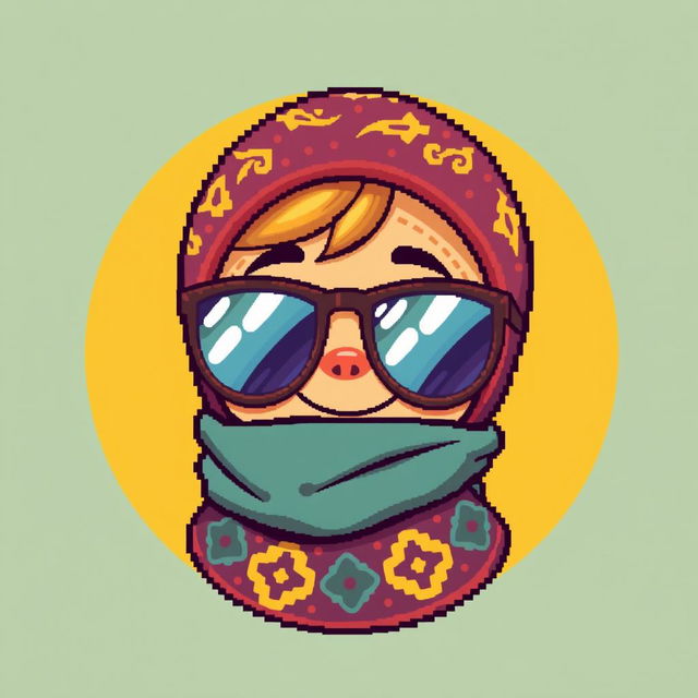 A pixel art illustration of Babushka's head wearing stylish sunglasses