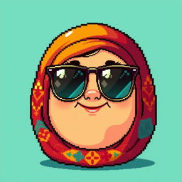 A pixel art illustration of Babushka's head wearing stylish sunglasses