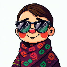 A pixel art illustration of Babushka's head wearing stylish sunglasses