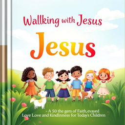 A heartwarming book cover for 'Walking with Jesus: 50 Stories of Faith, Love, and Kindness for Today's Children'