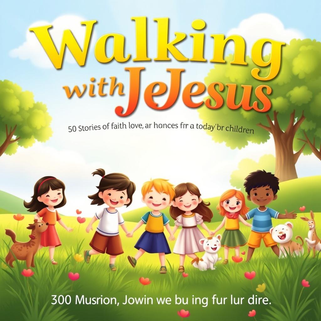 A heartwarming book cover for 'Walking with Jesus: 50 Stories of Faith, Love, and Kindness for Today's Children'