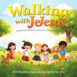 A heartwarming book cover for 'Walking with Jesus: 50 Stories of Faith, Love, and Kindness for Today's Children'
