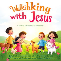A heartwarming book cover for 'Walking with Jesus: 50 Stories of Faith, Love, and Kindness for Today's Children'