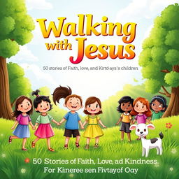 A heartwarming book cover for 'Walking with Jesus: 50 Stories of Faith, Love, and Kindness for Today's Children'