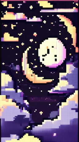 Pixel art profile picture featuring a detailed moon against a starry night sky, framed by a black border.